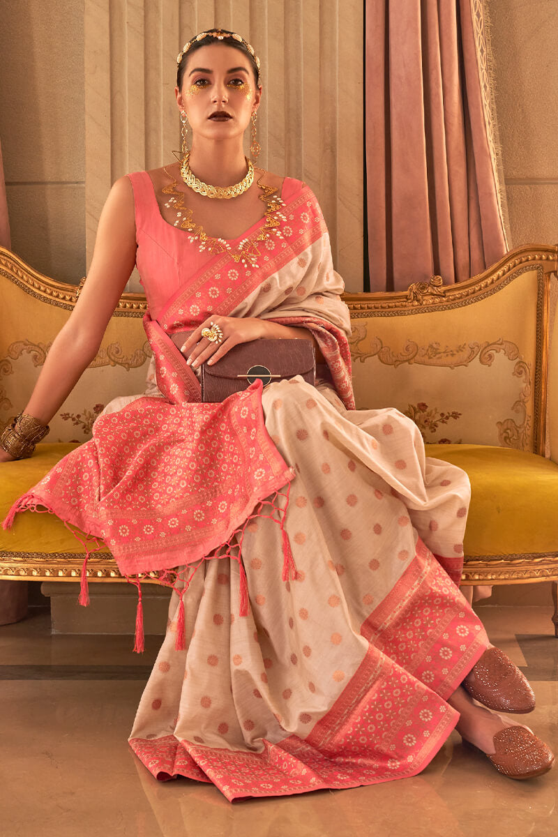 Beige and Pink Soft Banarasi Silk Saree