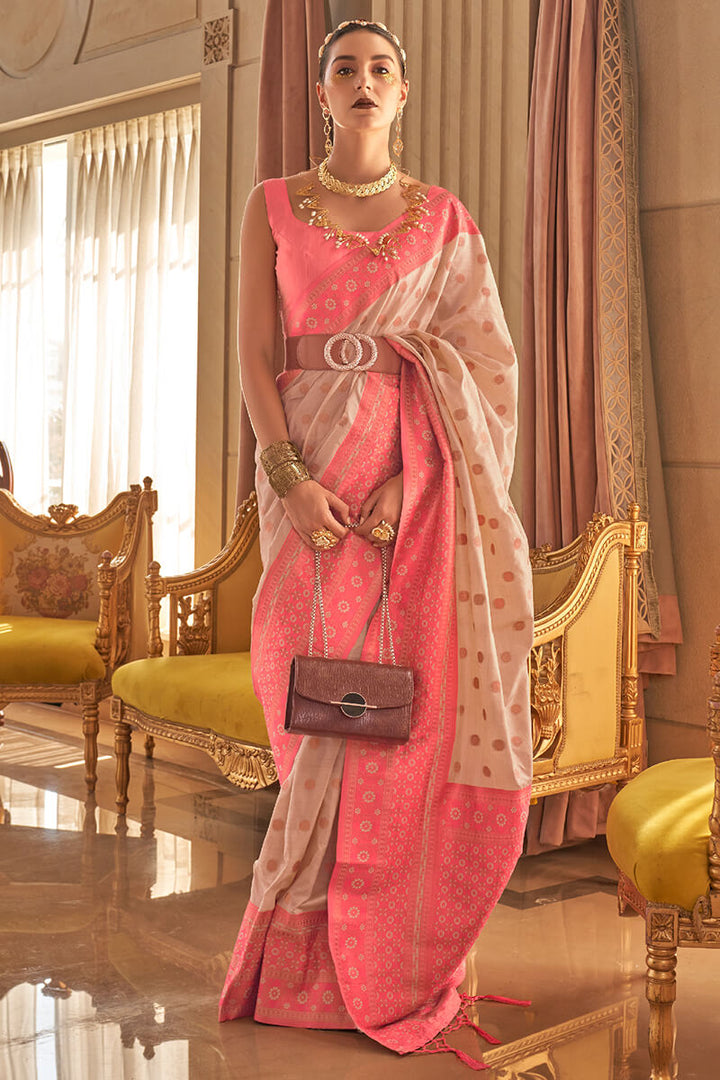 Beige and Pink Soft Banarasi Silk Saree