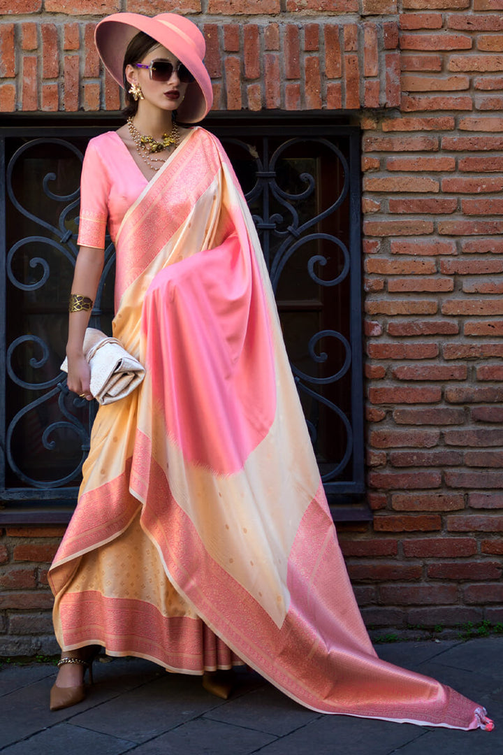 Beige and Pink Woven Soft Banarasi Silk Saree