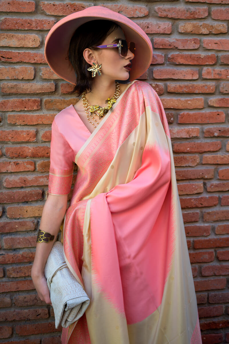 Beige and Pink Woven Soft Banarasi Silk Saree