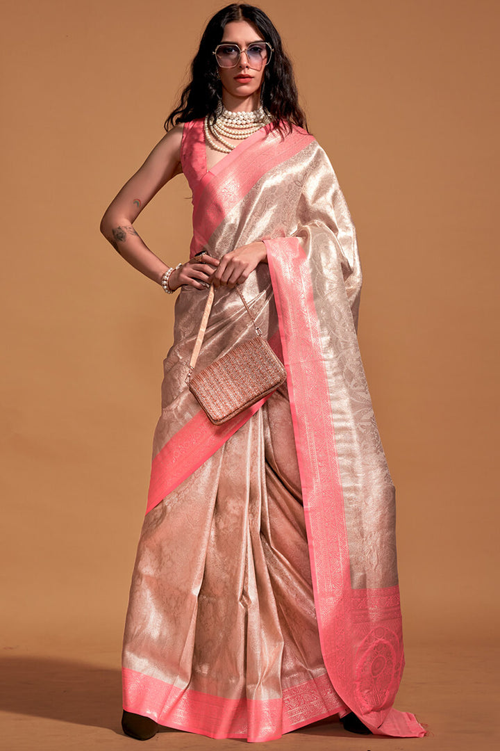 Beige and Pink Zari Woven Kanjivaram Silk Saree