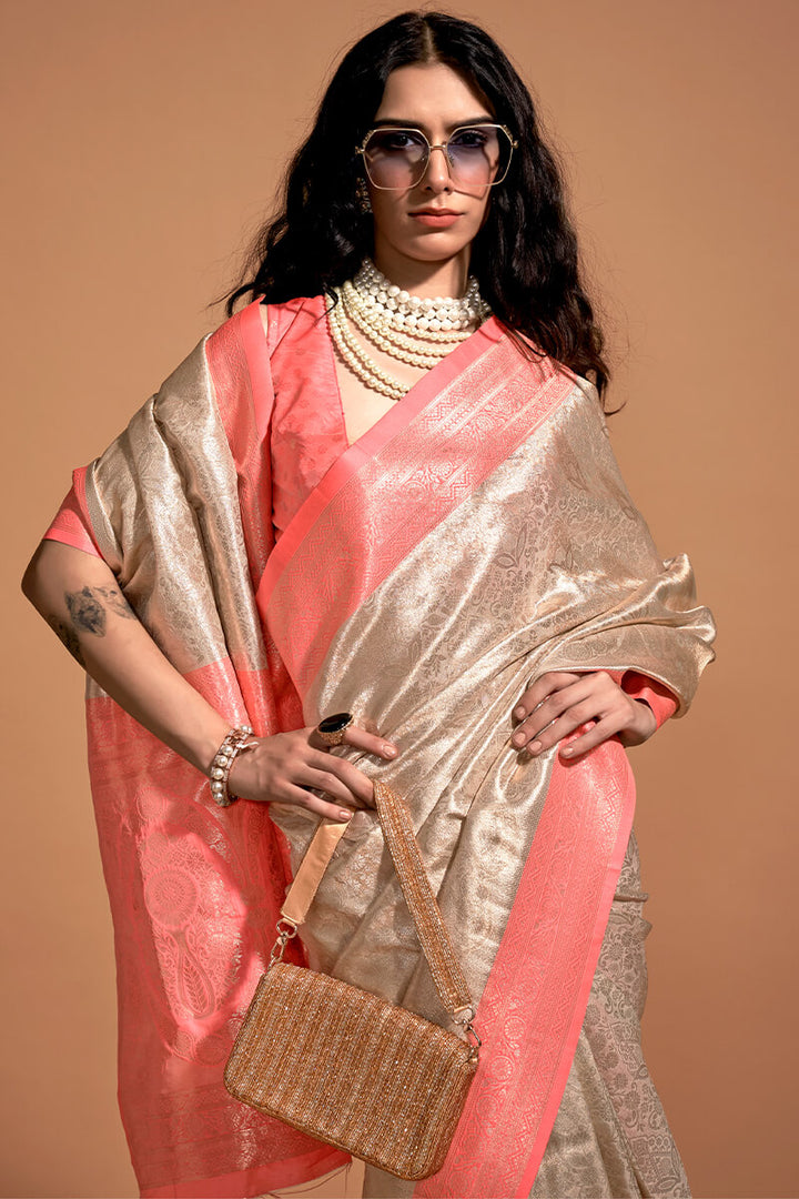 Beige and Pink Zari Woven Kanjivaram Silk Saree