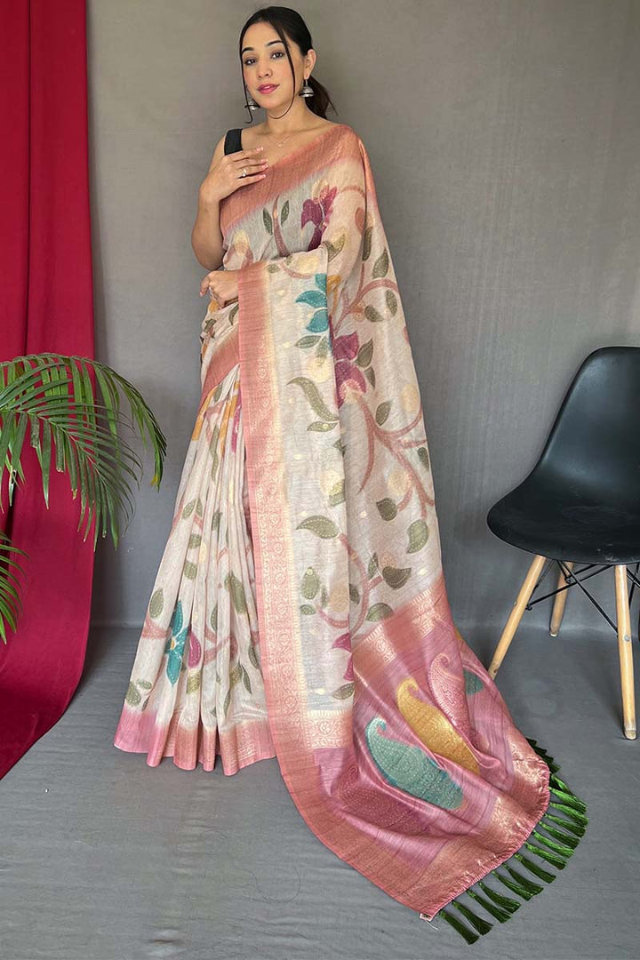 Beige and Pink Zari Woven Printed Silk Saree