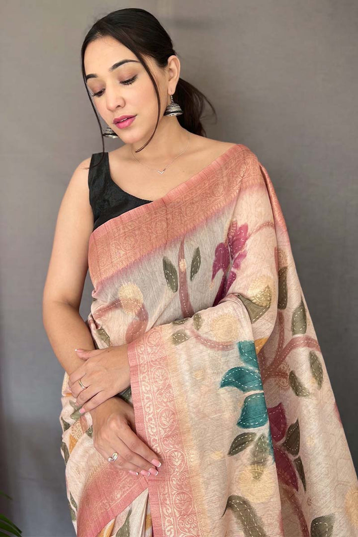 Beige and Pink Zari Woven Printed Silk Saree