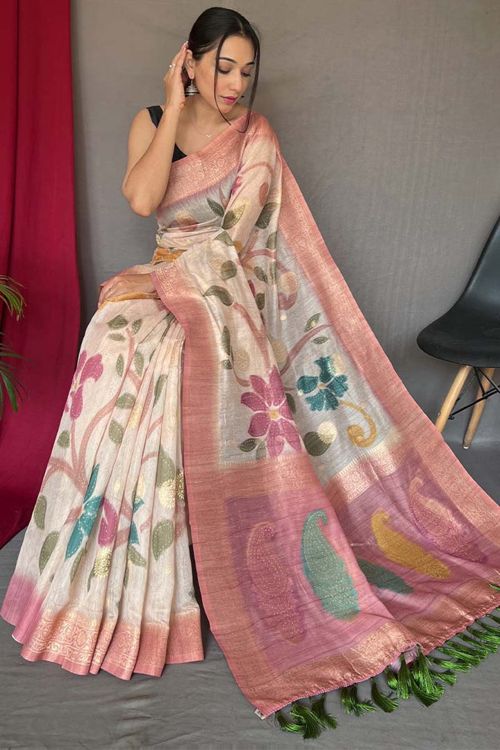 Beige and Pink Zari Woven Printed Silk Saree