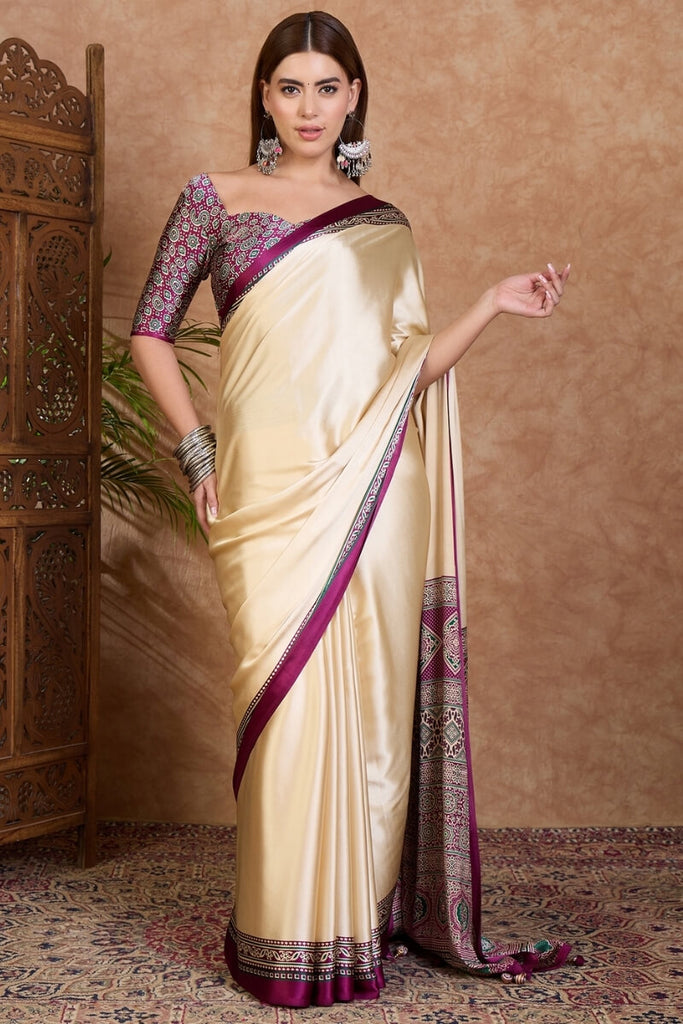 Beige and Purple Ajrakh Printed Satin Silk Saree