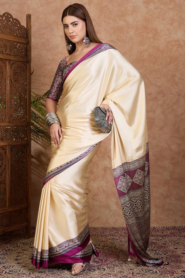 Beige and Purple Ajrakh Printed Satin Silk Saree