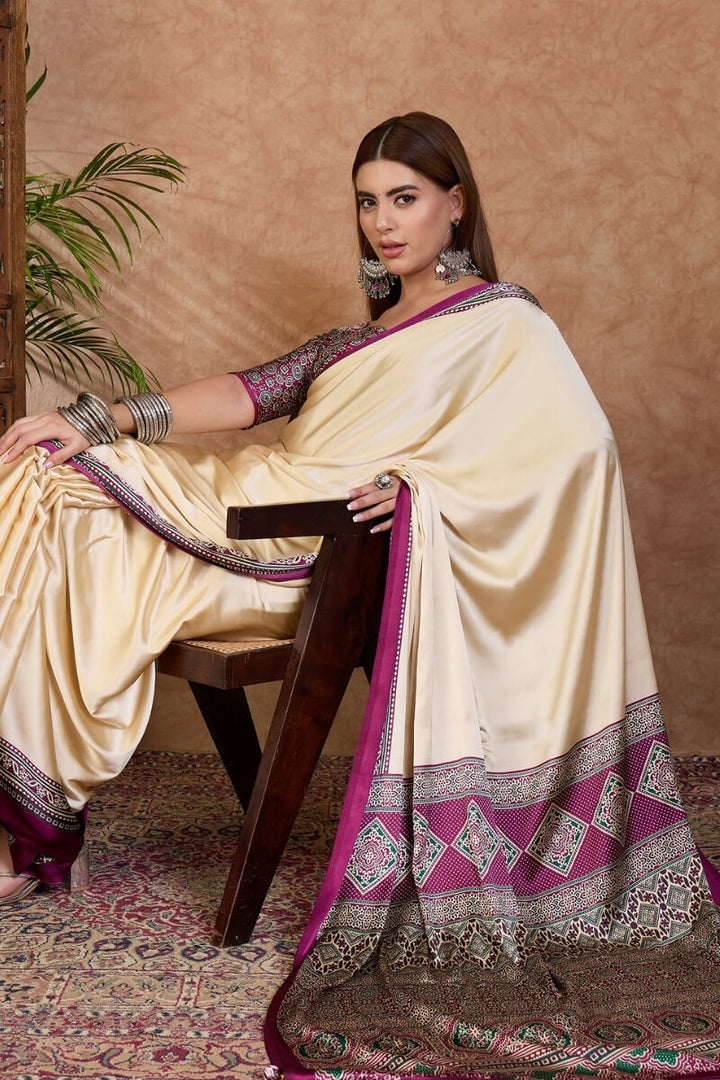 Beige and Purple Ajrakh Printed Satin Silk Saree