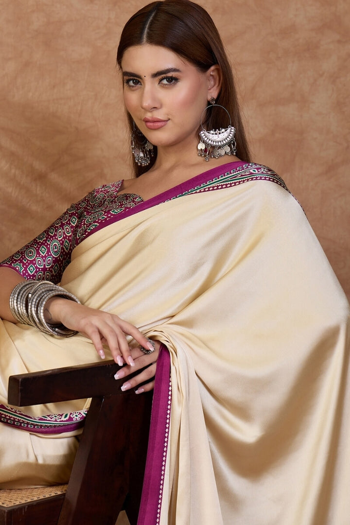 Beige and Purple Ajrakh Printed Satin Silk Saree