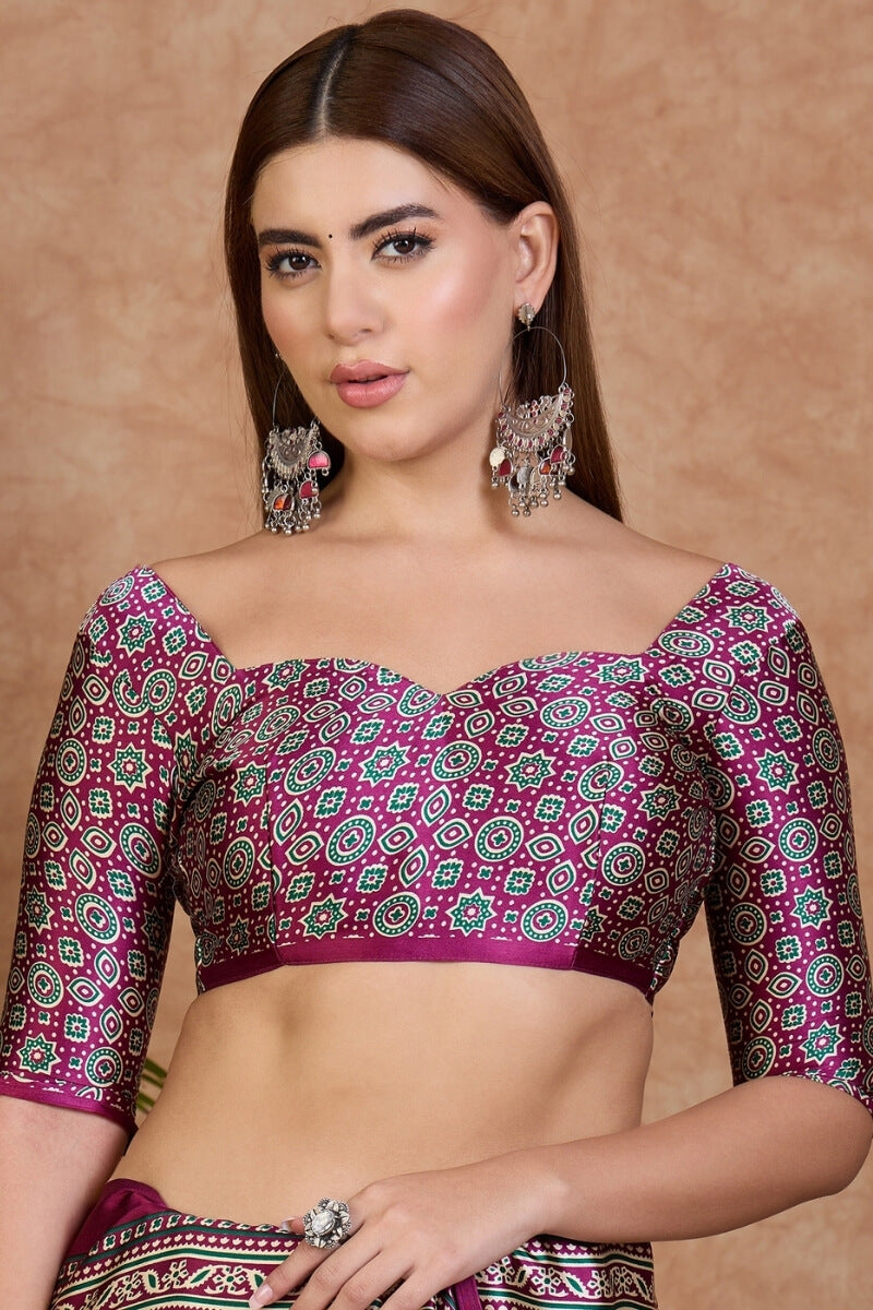 Beige and Purple Ajrakh Printed Satin Silk Saree