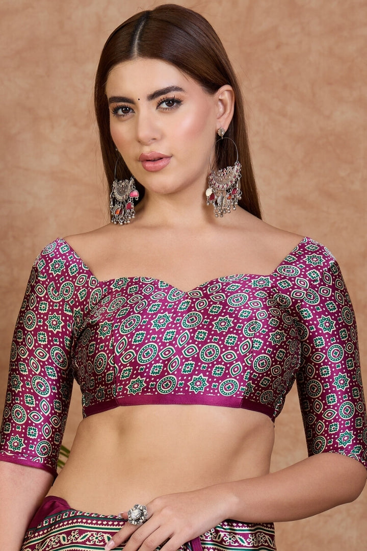 Beige and Purple Ajrakh Printed Satin Silk Saree