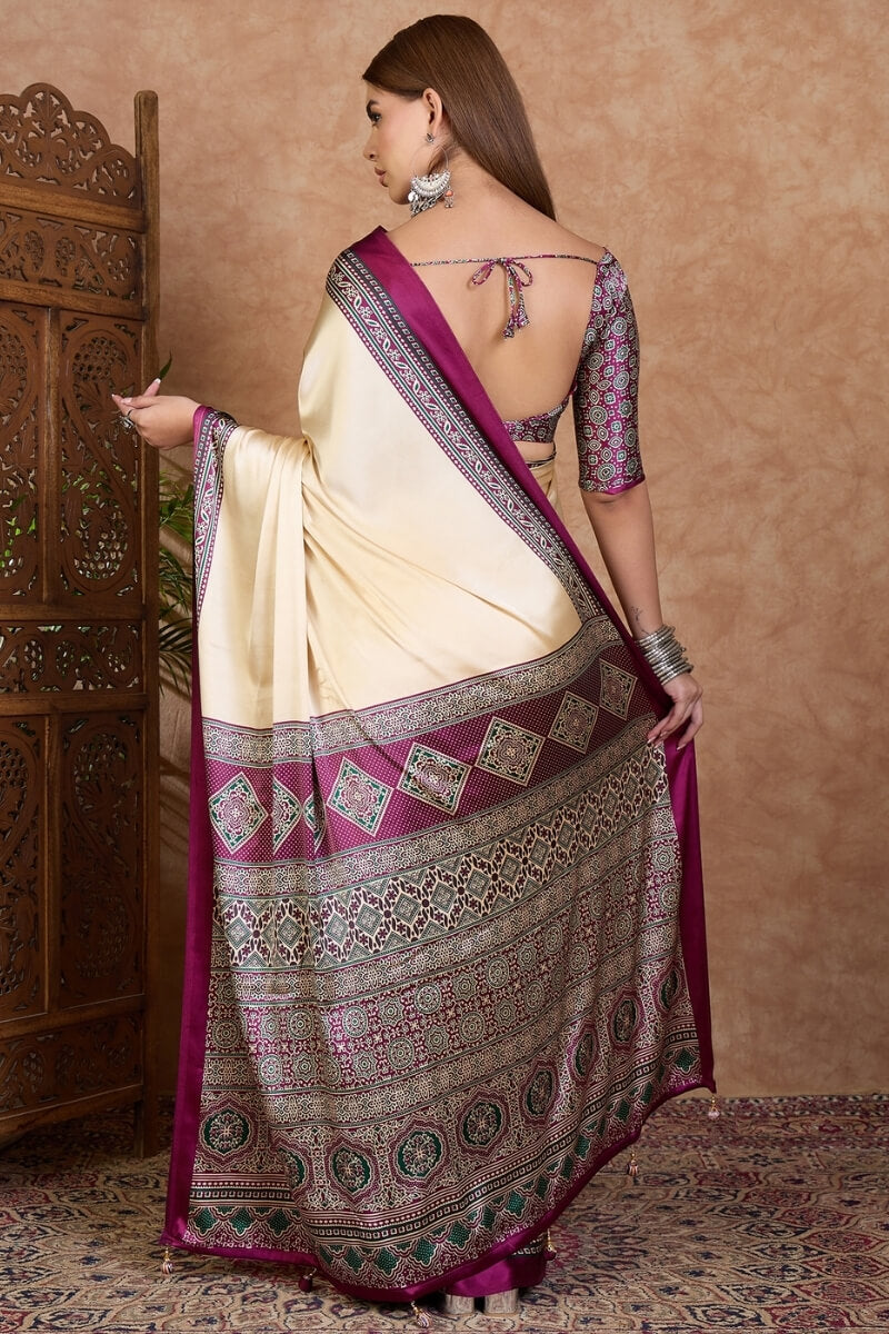 Beige and Purple Ajrakh Printed Satin Silk Saree