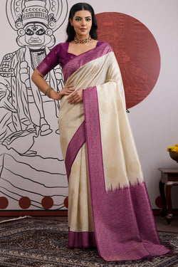 Beige and Purple Banarasi Paper Silk Saree