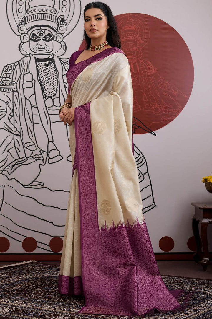 Beige and Purple Banarasi Paper Silk Saree