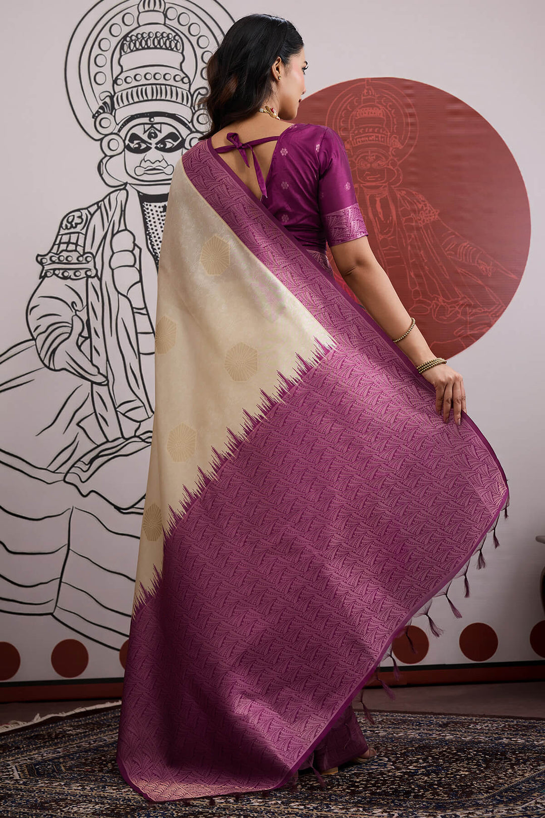 Beige and Purple Banarasi Paper Silk Saree