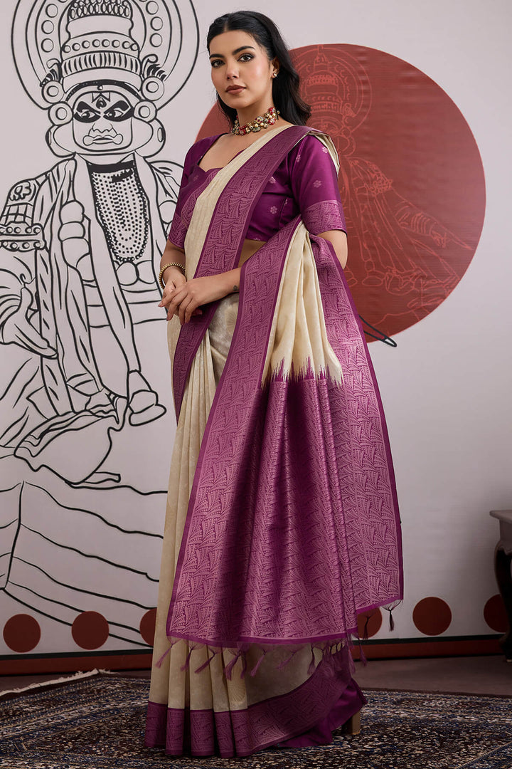 Beige and Purple Banarasi Paper Silk Saree