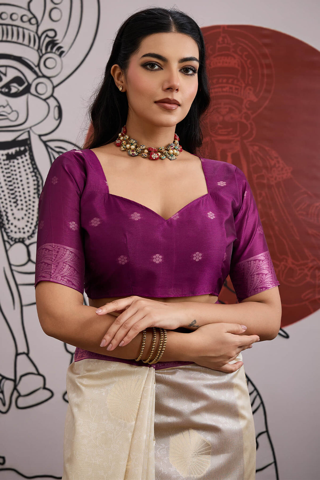 Beige and Purple Banarasi Paper Silk Saree