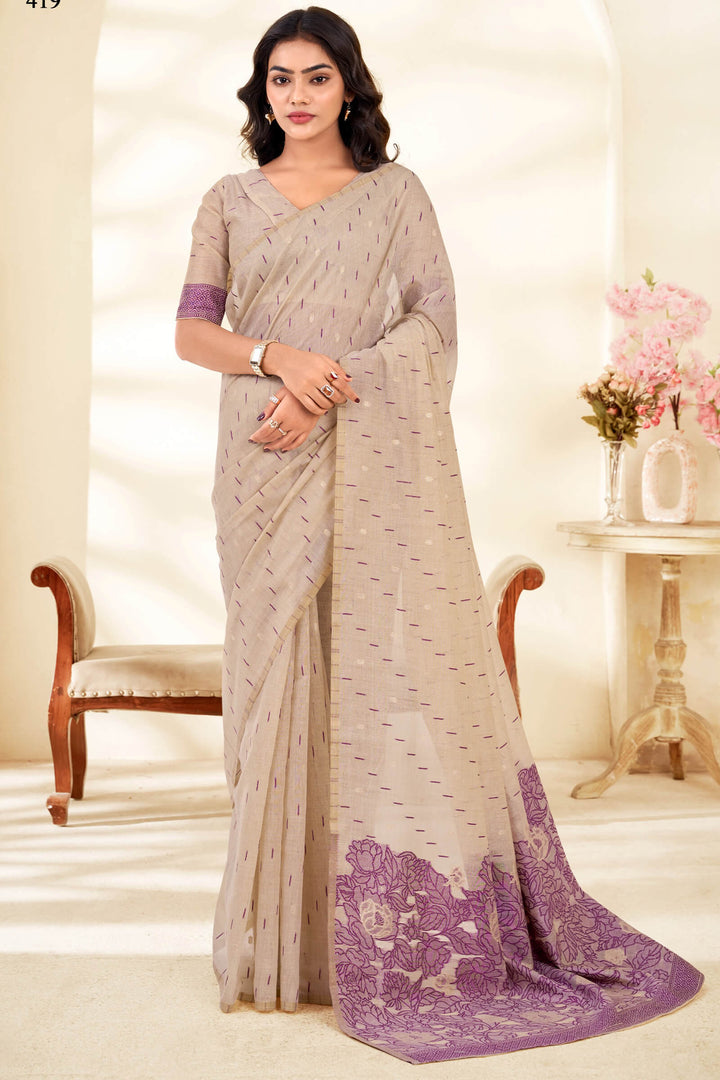 Beige and Purple Cotton Silk Saree