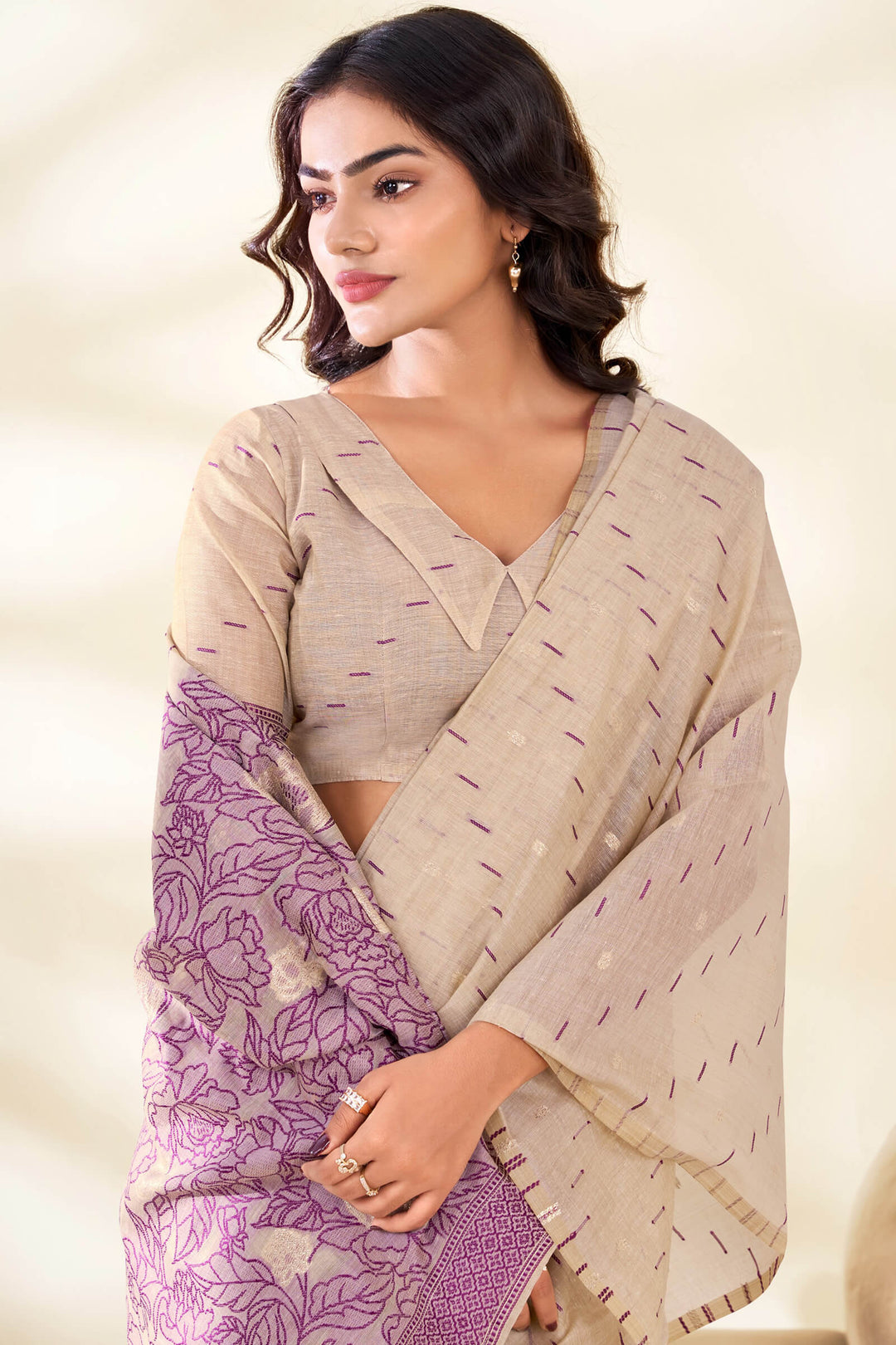 Beige and Purple Cotton Silk Saree