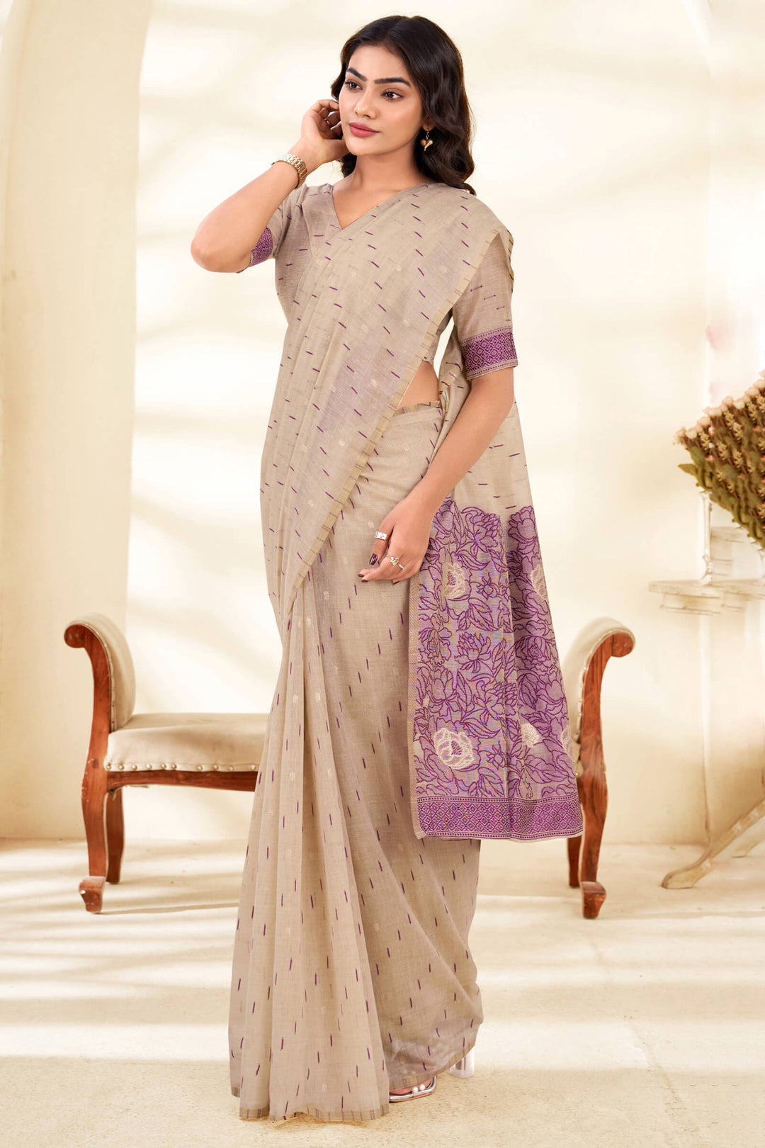Beige and Purple Cotton Silk Saree