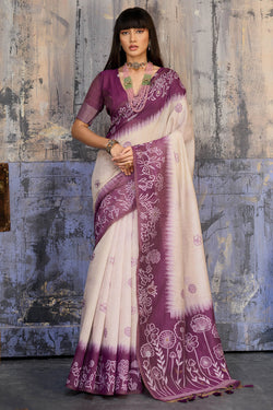 Beige and Purple Handloom Munga cotton Silk Saree