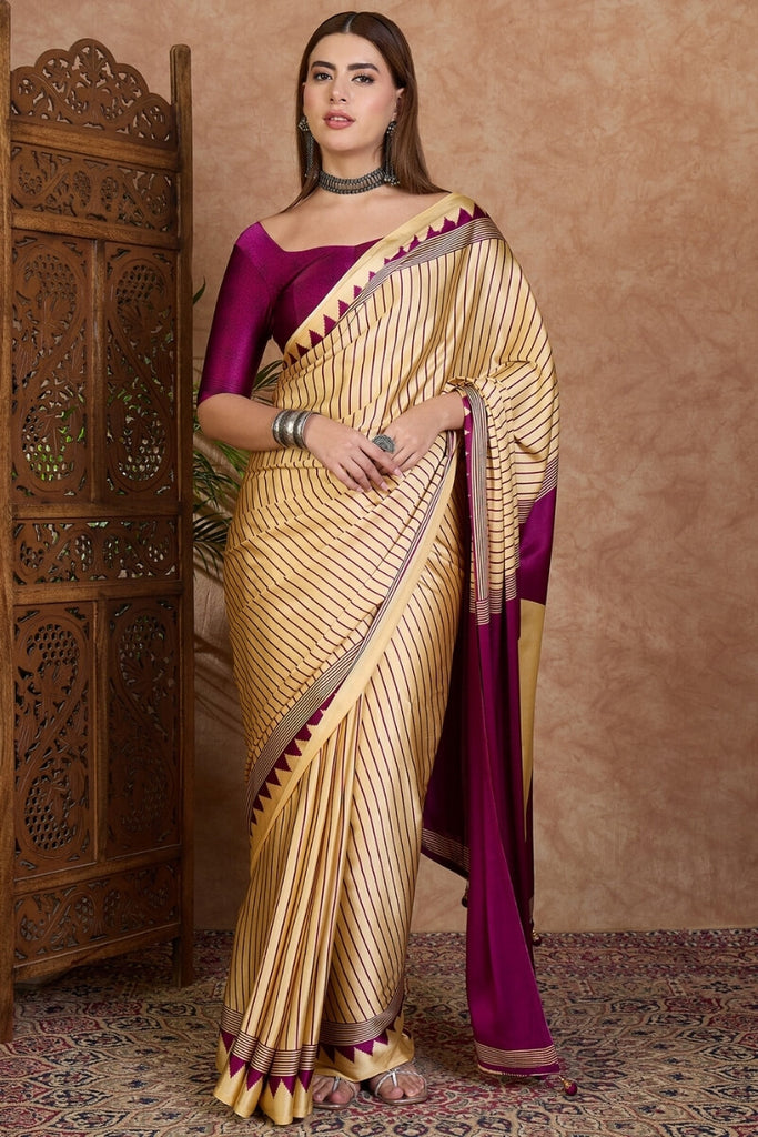 Beige and Purple Stripe Ajrakh Printed Satin Silk Saree