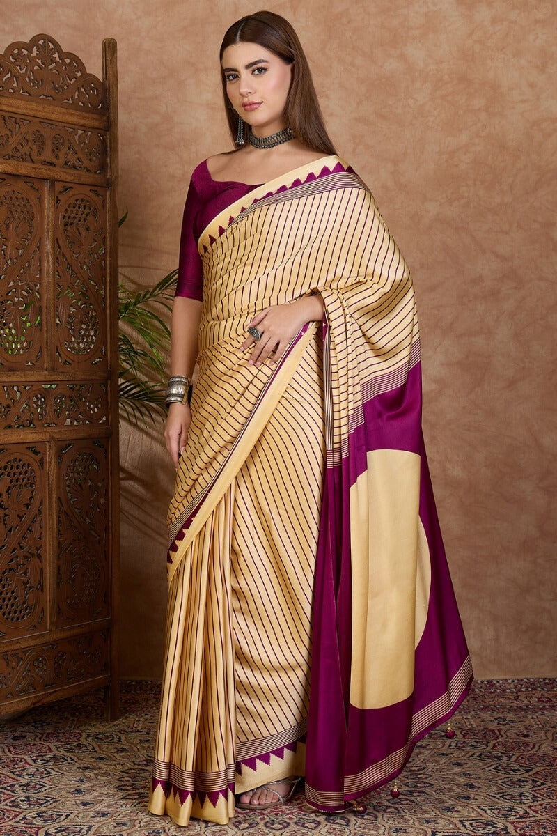 Beige and Purple Stripe Ajrakh Printed Satin Silk Saree
