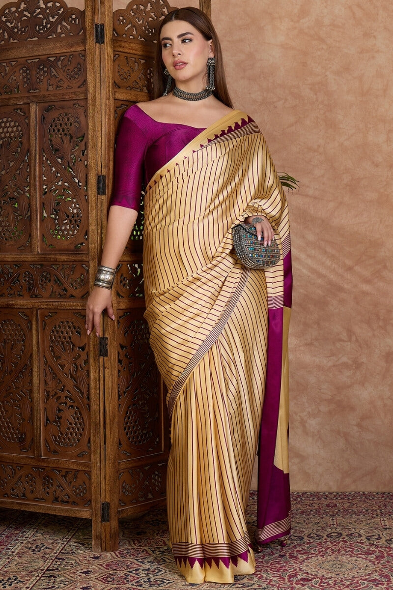 Beige and Purple Stripe Ajrakh Printed Satin Silk Saree