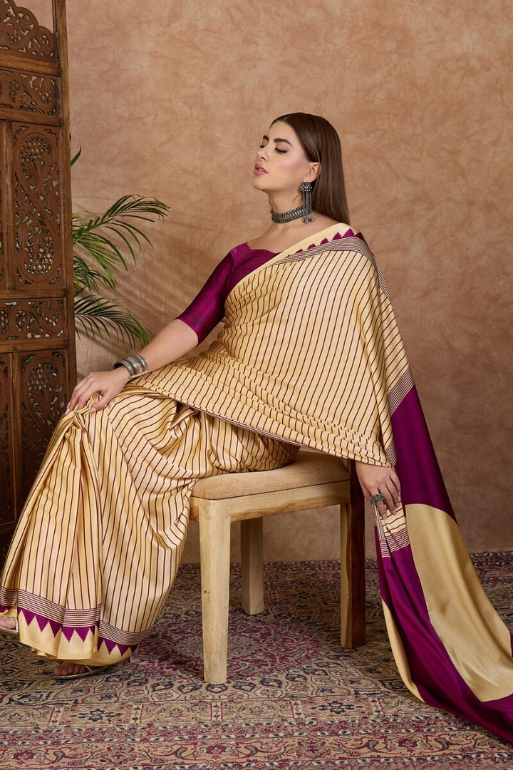 Beige and Purple Stripe Ajrakh Printed Satin Silk Saree