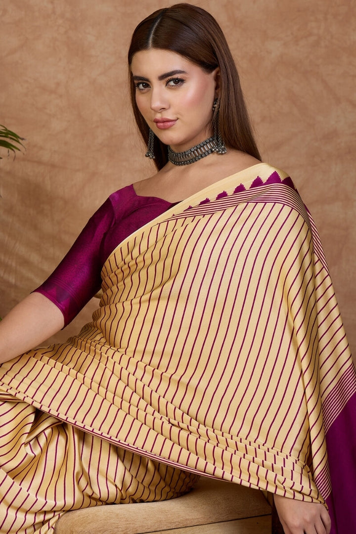 Beige and Purple Stripe Ajrakh Printed Satin Silk Saree