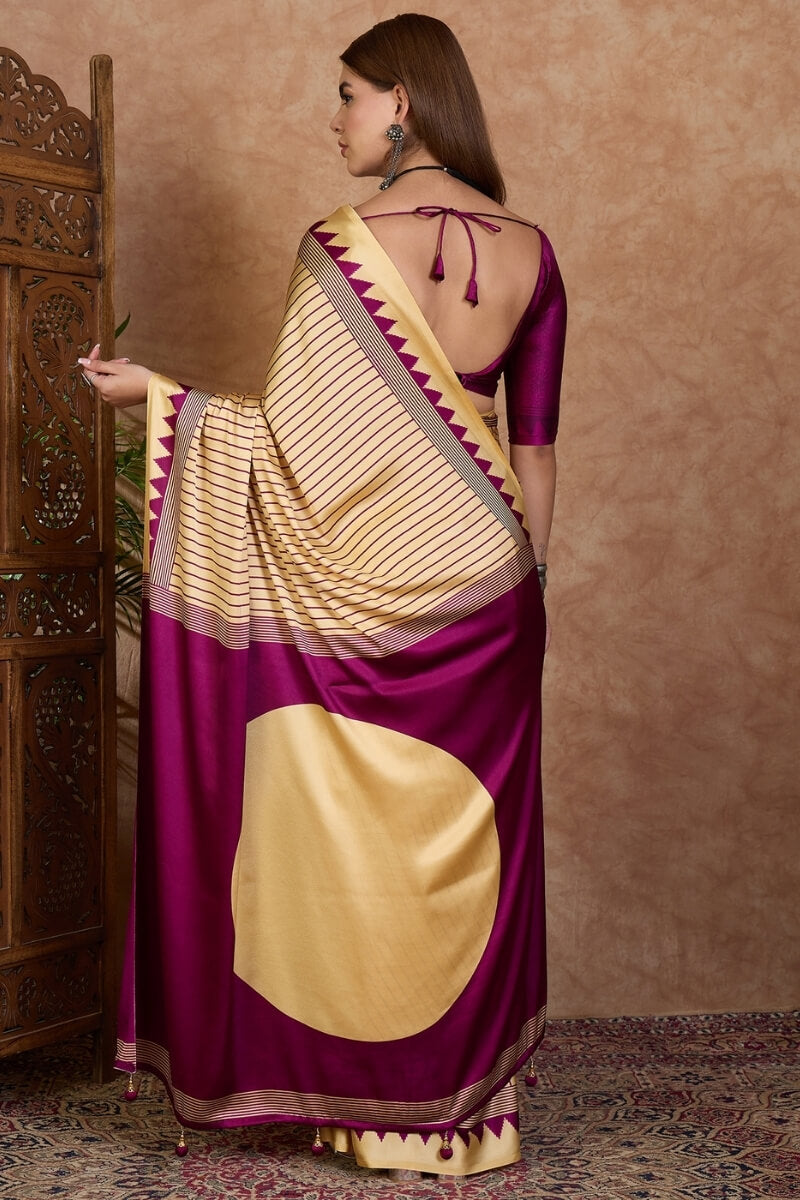 Beige and Purple Stripe Ajrakh Printed Satin Silk Saree