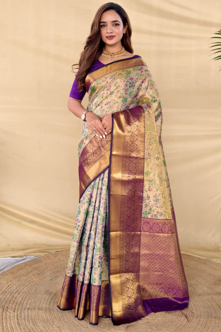 Beige and Purple Zari Woven Kanjivaram Silk Saree