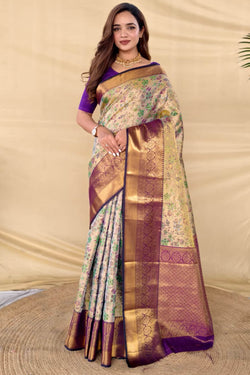 Beige and Purple Zari Woven Kanjivaram Silk Saree