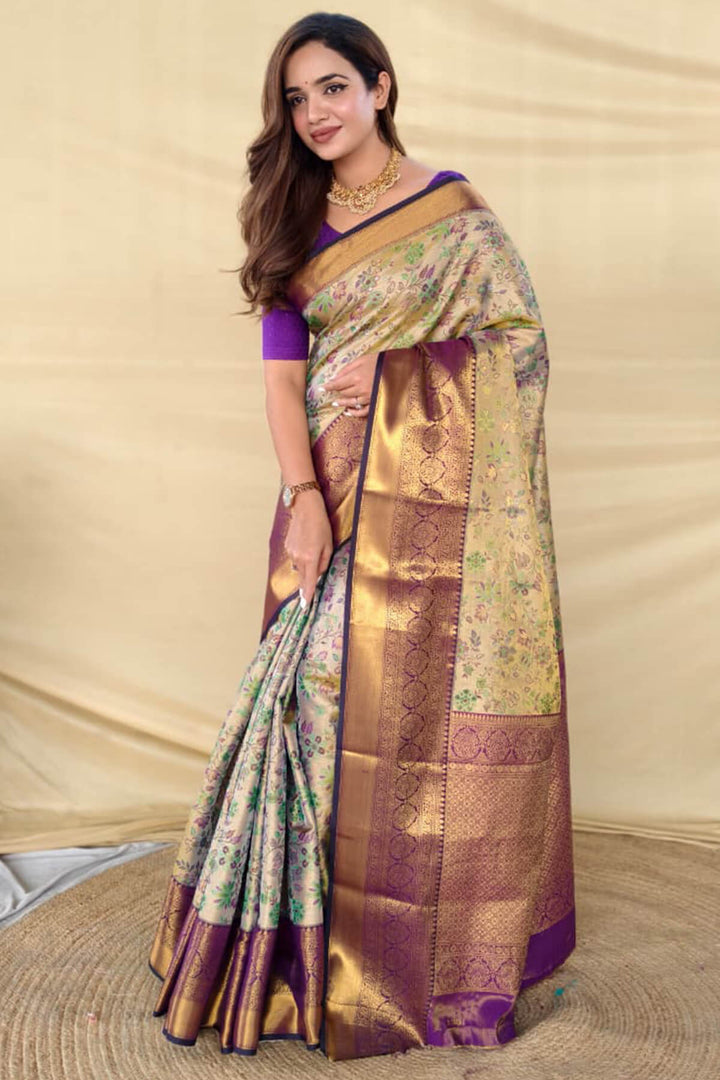 Beige and Purple Zari Woven Kanjivaram Silk Saree