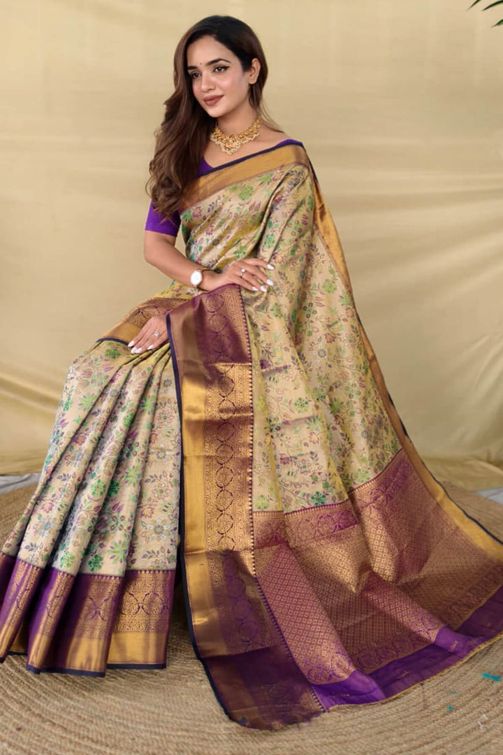 Beige and Purple Zari Woven Kanjivaram Silk Saree