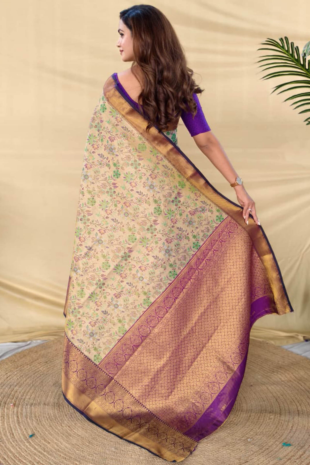 Beige and Purple Zari Woven Kanjivaram Silk Saree