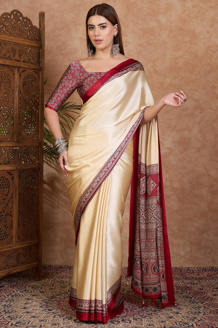 Beige and Red Ajrakh Printed Satin Silk Saree