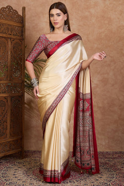 Beige and Red Ajrakh Printed Satin Silk Saree