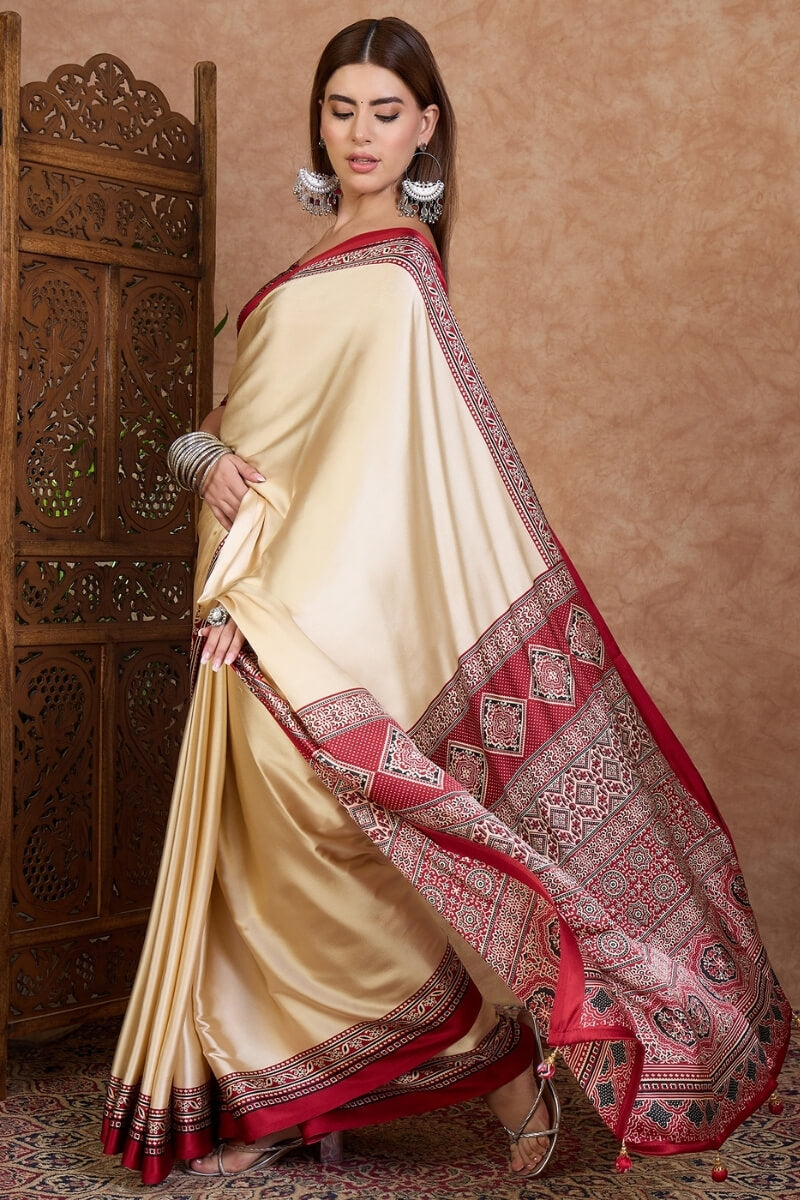 Beige and Red Ajrakh Printed Satin Silk Saree