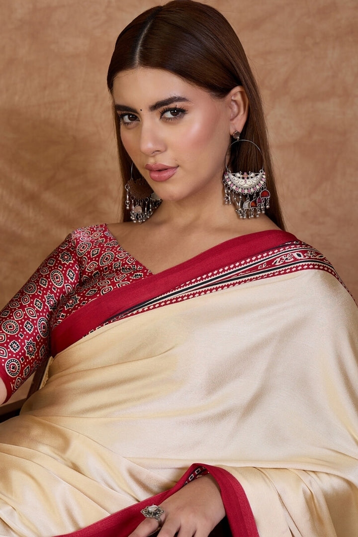 Beige and Red Ajrakh Printed Satin Silk Saree