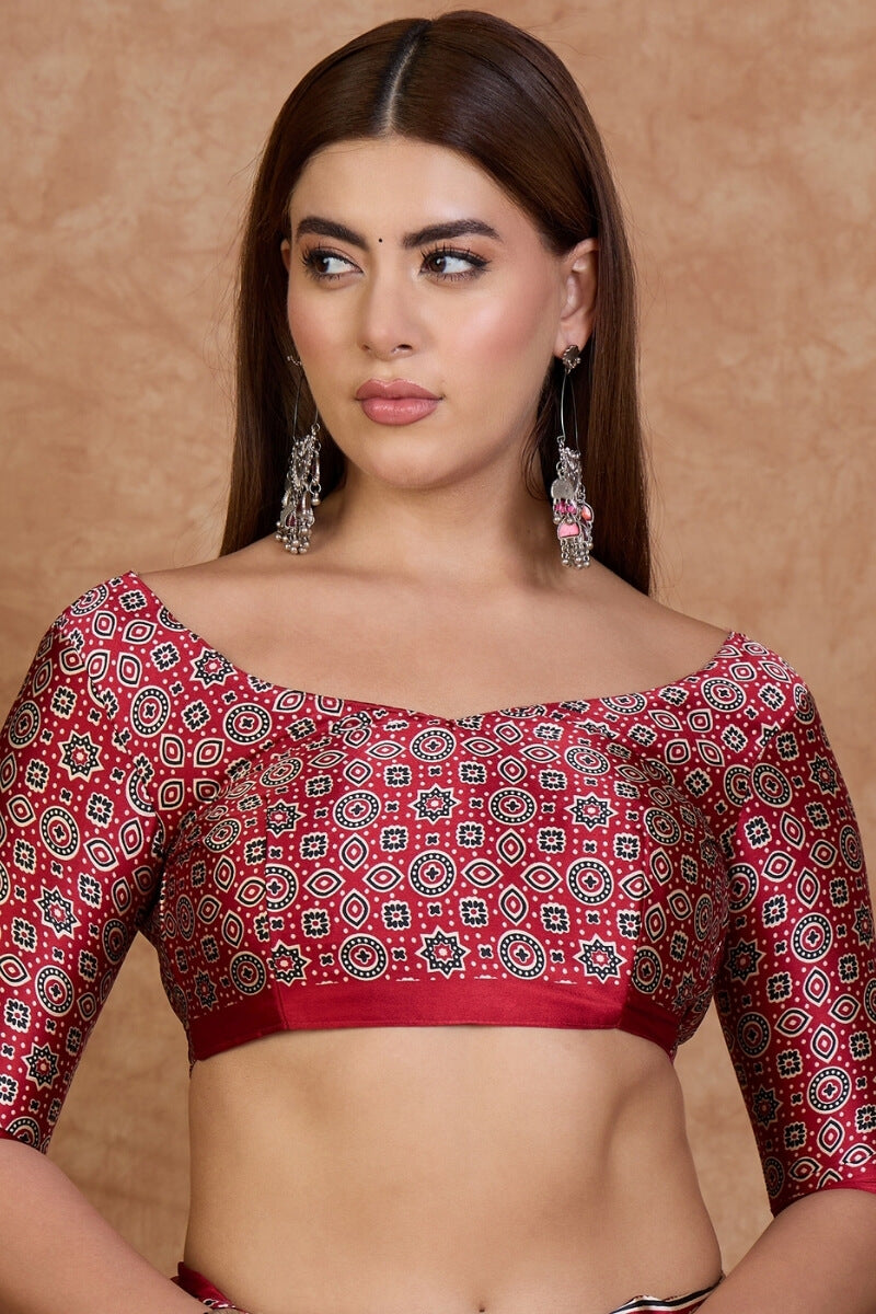 Beige and Red Ajrakh Printed Satin Silk Saree