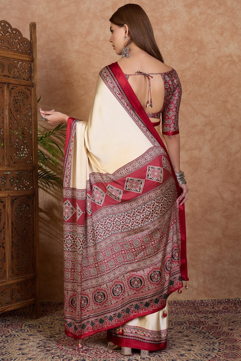 Beige and Red Ajrakh Printed Satin Silk Saree
