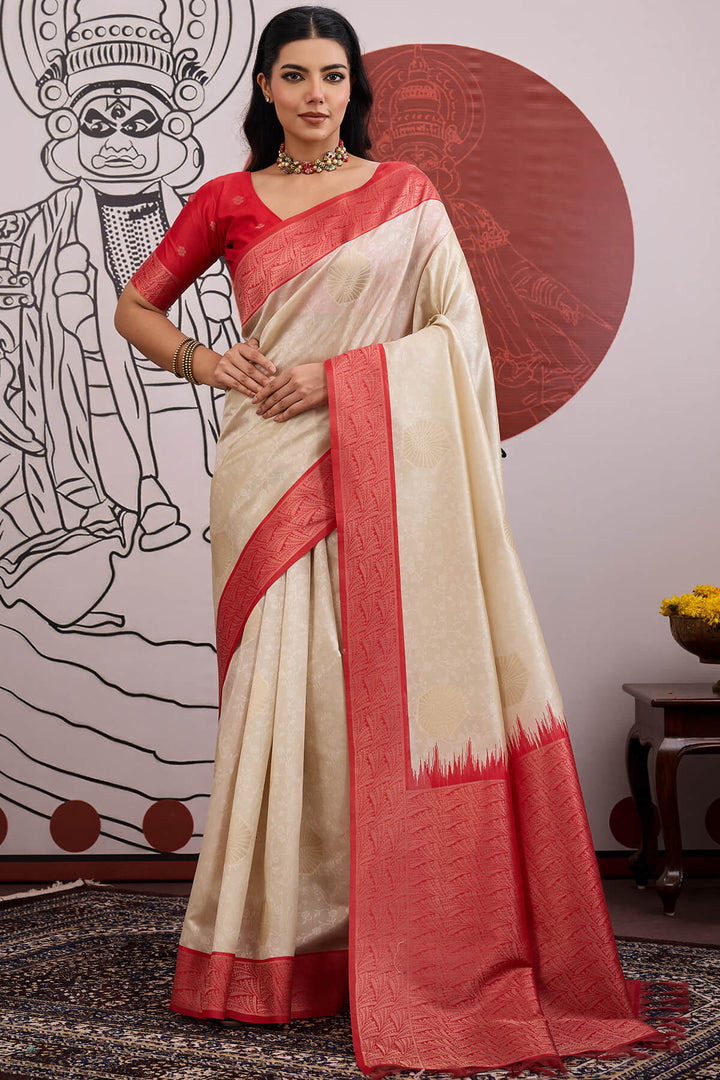 Beige and Red Banarasi Paper Silk Saree