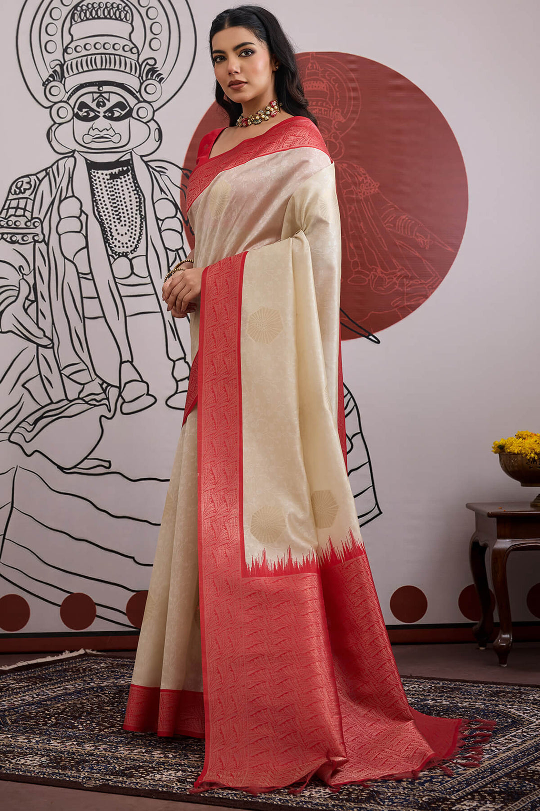 Beige and Red Banarasi Paper Silk Saree