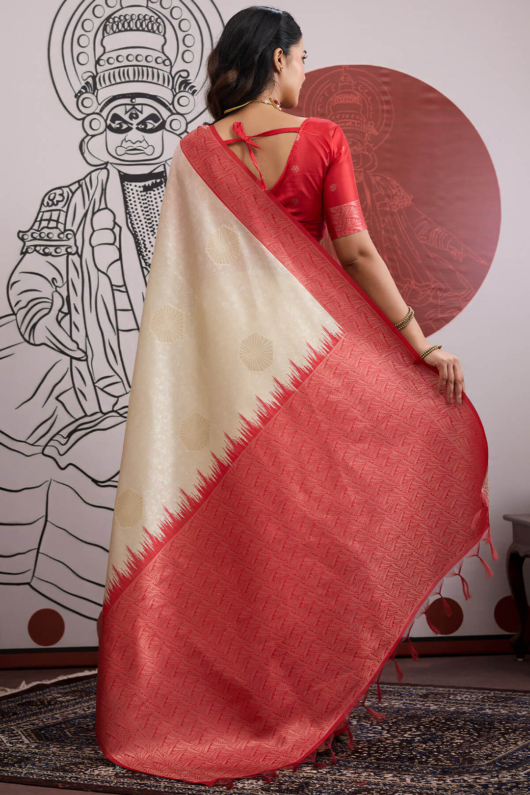 Beige and Red Banarasi Paper Silk Saree