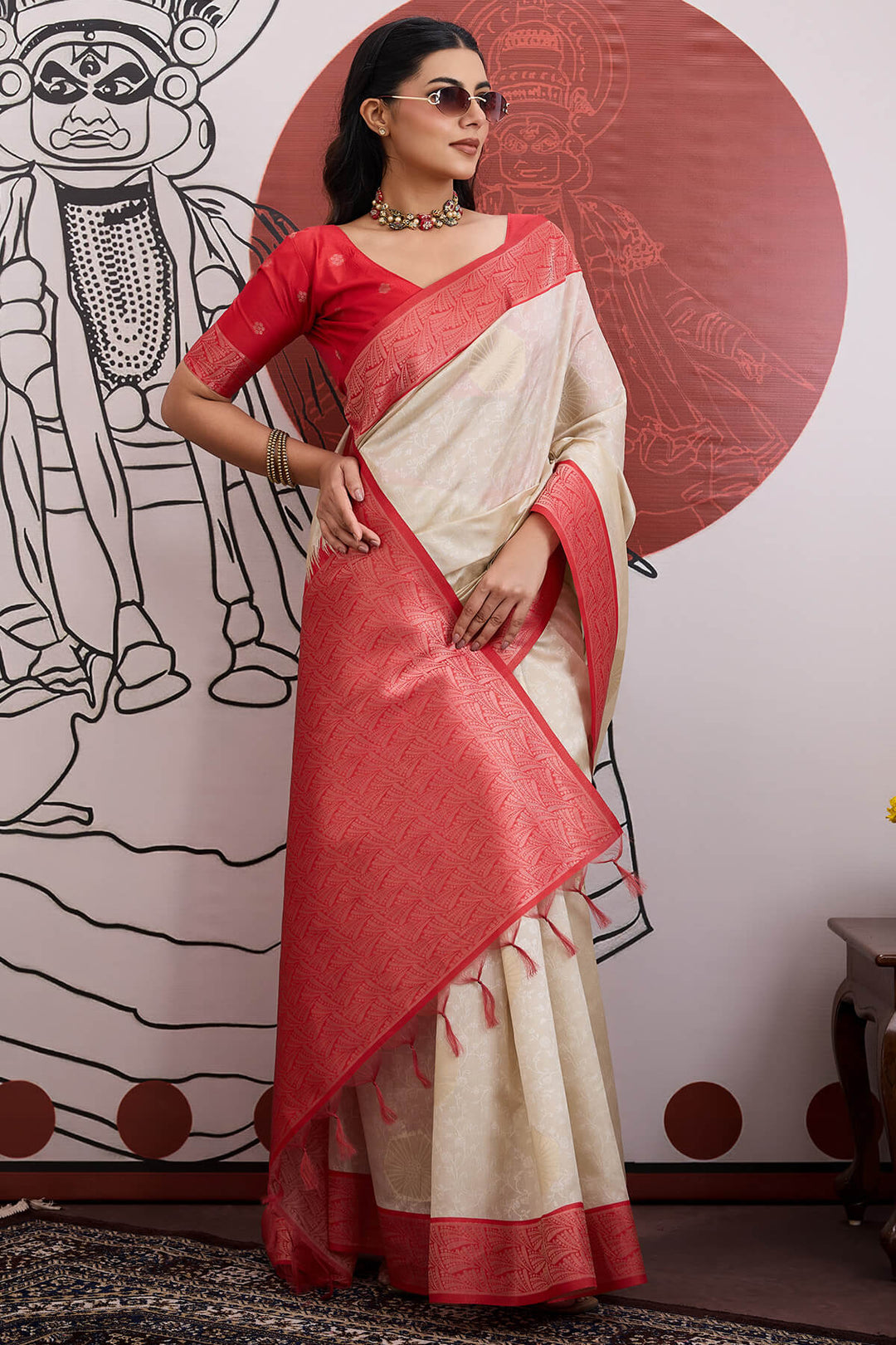 Beige and Red Banarasi Paper Silk Saree