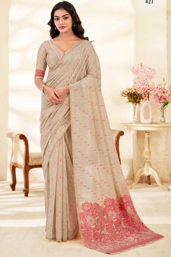 Beige and Red Cotton Silk Saree