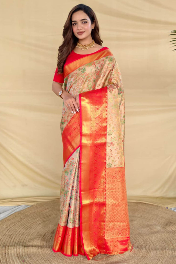 Beige and Red Zari Woven Kanjivaram Silk Saree