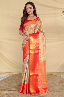 Beige and Red Zari Woven Kanjivaram Silk Saree