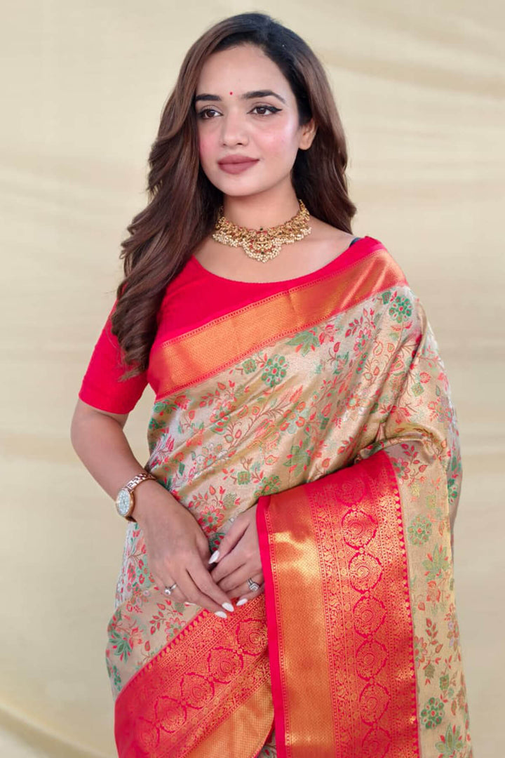 Beige and Red Zari Woven Kanjivaram Silk Saree